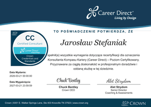 Dyplom certyfikowanego konsultanta Career Direct (Kompas Kariery) - Jarosław Stefaniak