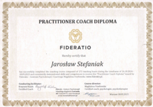 Dyplom ukończenia szkolenia „Praktyk Coachingu” w Fideratio, 2025, 173 godziny, - Jarosław Stefaniak